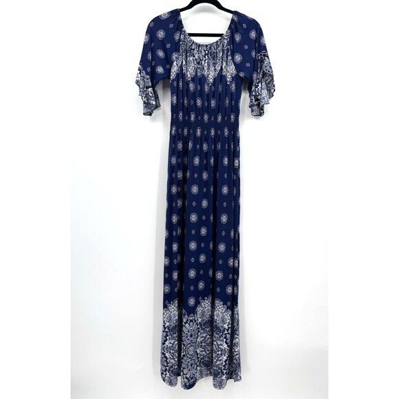 Woman Navy Blue White Paisley Maxi Dress Boho Medallion Bandanna Print Summer 1X - Picture 3 of 11